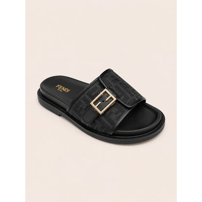 FENDI FEEL GREY BLACK FF BUCKLE EMBOSSED SANDAL