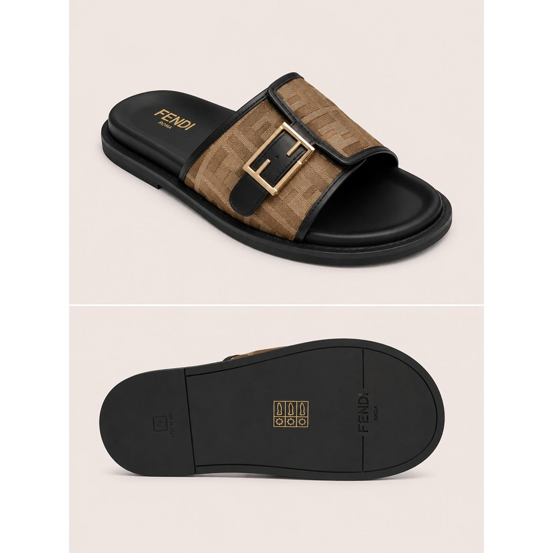 FENDI FEEL BLACK BROWN FF BUCKLE EMBOSSED SANDAL