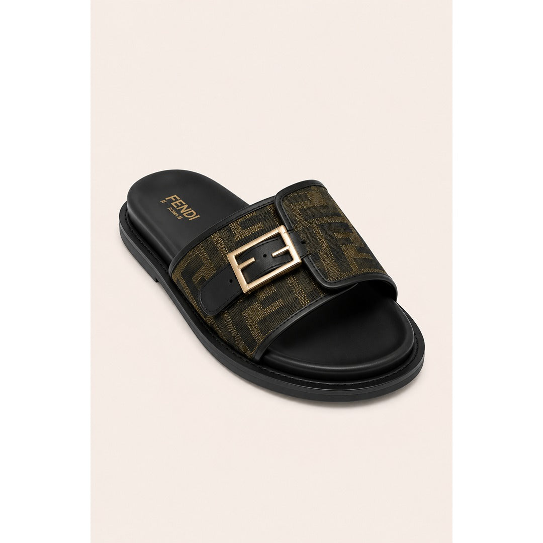 FENDI FEEL BLACK OLIVE FF BUCKLE EMBOSSED SANDAL