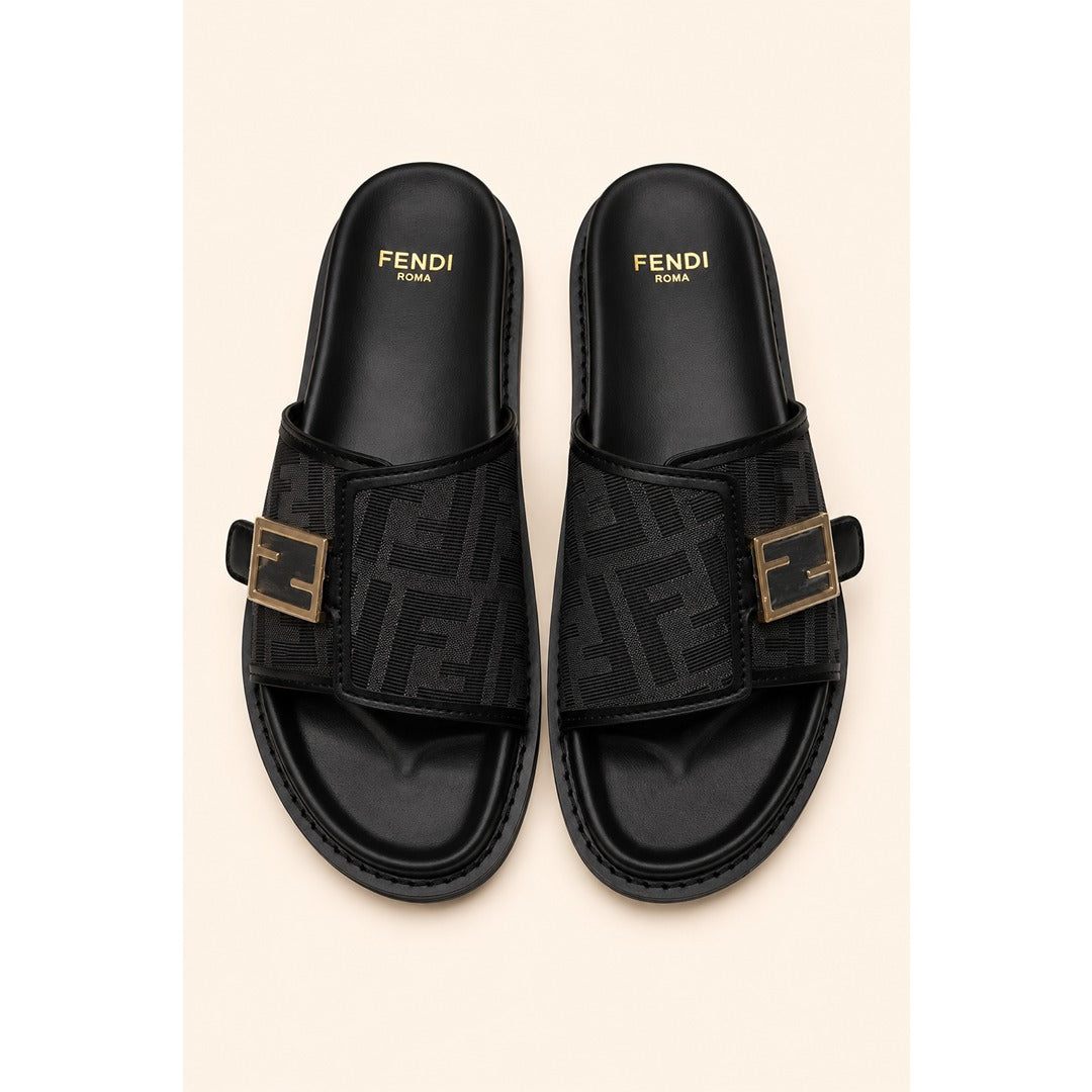 FENDI FEEL GREY BLACK FF BUCKLE EMBOSSED SANDAL