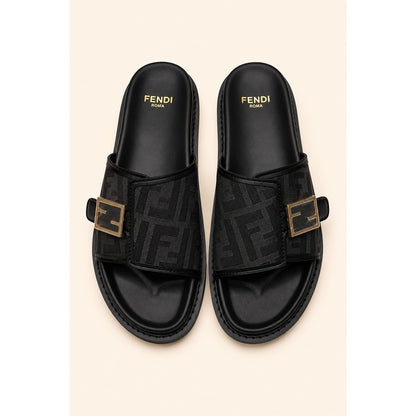FENDI FEEL GREY BLACK FF BUCKLE EMBOSSED SANDAL
