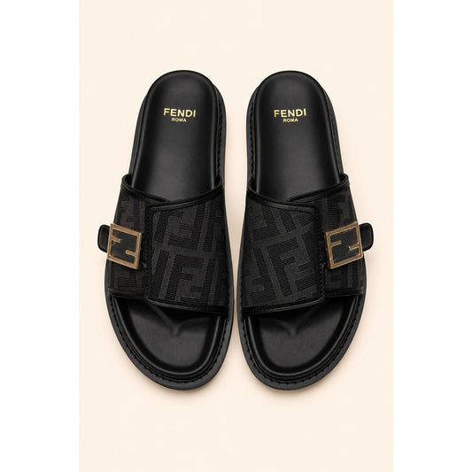 FENDI FEEL GREY BLACK FF BUCKLE EMBOSSED SANDAL