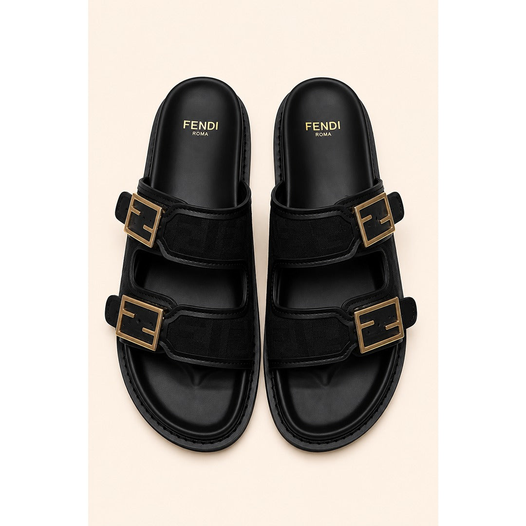 FENDI FEEL ALL BLACK FF BUCKLE EMBOSSED SANDAL