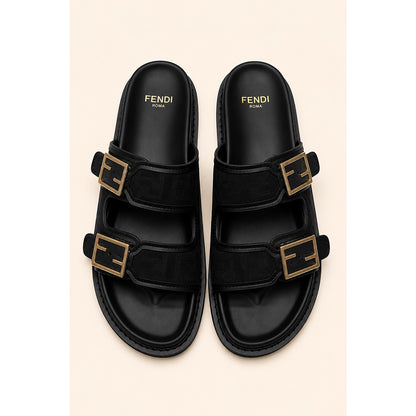 FENDI FEEL ALL BLACK FF BUCKLE EMBOSSED SANDAL