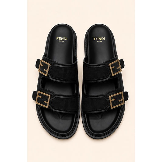 FENDI FEEL ALL BLACK FF BUCKLE EMBOSSED SANDAL