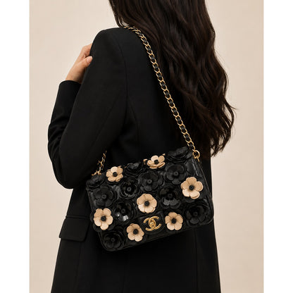 CHANEL CAMELLIA METALLIC ANTIQUE FLAP BAG