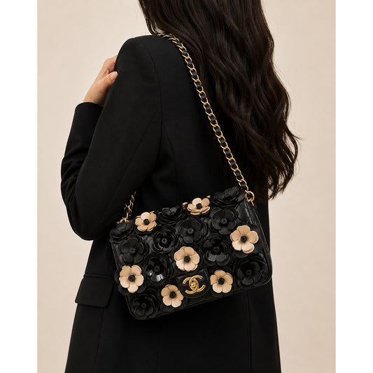 CHANEL CAMELLIA METALLIC ANTIQUE FLAP BAG