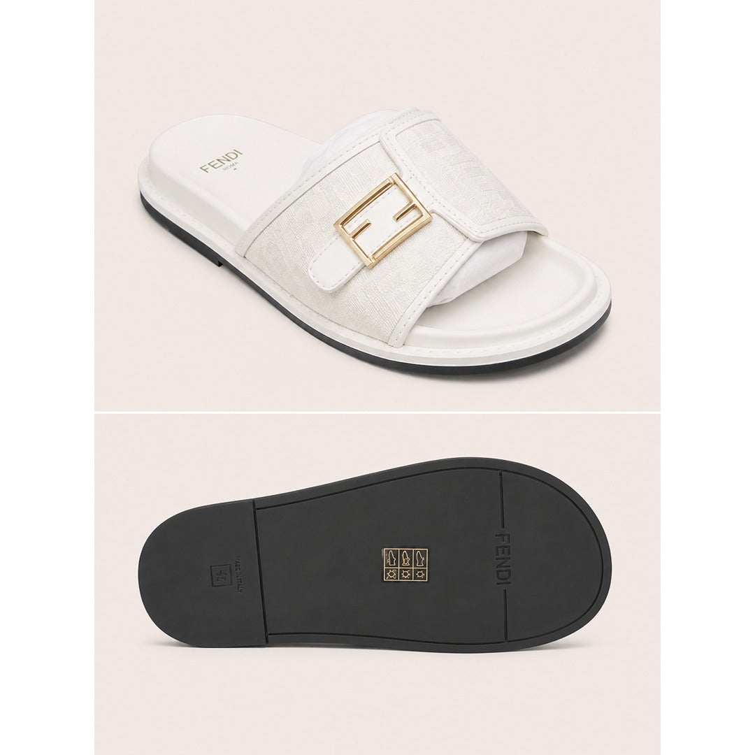 FENDI FEEL WHITE FF BUCKLE EMBOSSED SANDAL