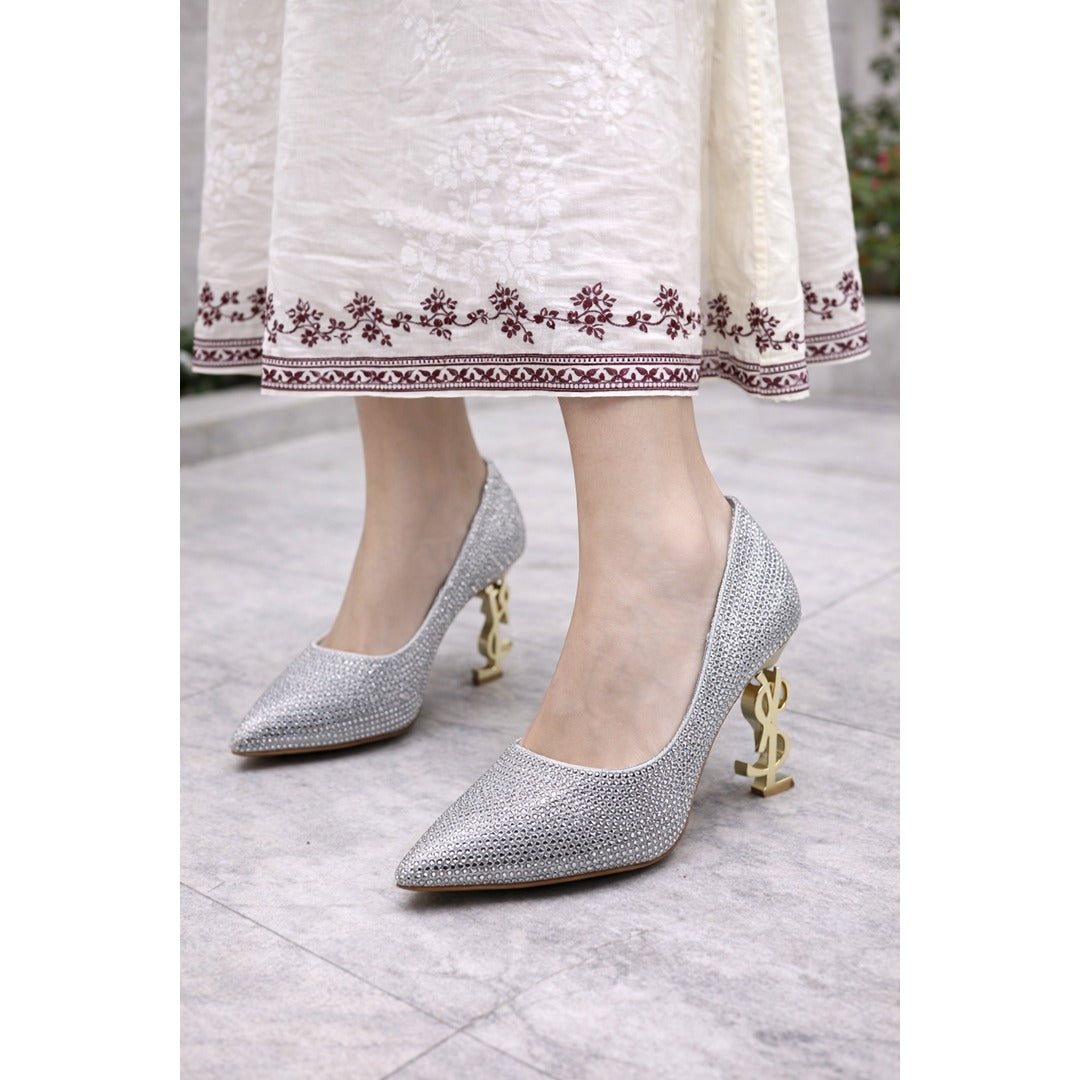 YSL SAINT LAURENT SILVER GREY CRYSTAL PUMPS