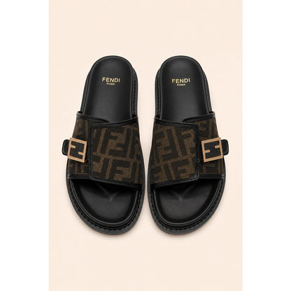 FENDI FEEL BLACK OLIVE FF BUCKLE EMBOSSED SANDAL