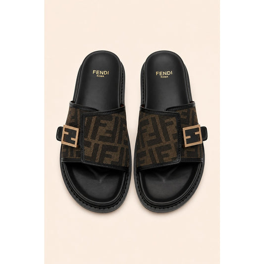 FENDI FEEL BLACK OLIVE FF BUCKLE EMBOSSED SANDAL