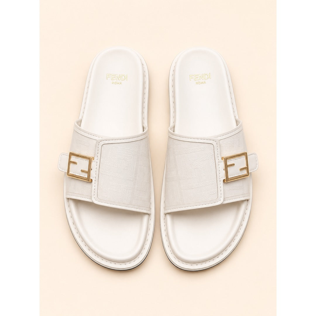 FENDI FEEL WHITE FF BUCKLE EMBOSSED SANDAL