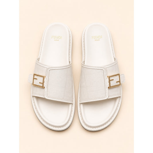 FENDI FEEL WHITE FF BUCKLE EMBOSSED SANDAL