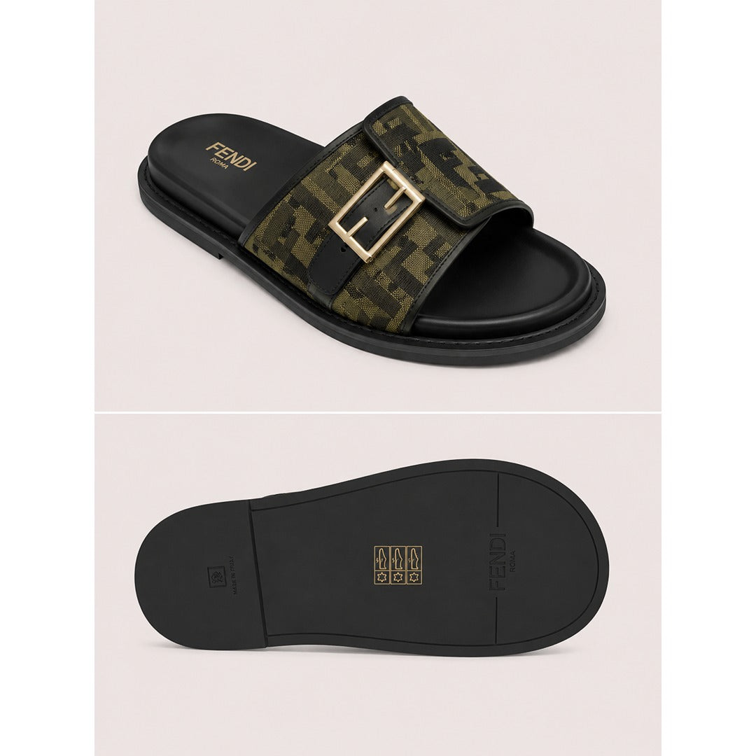FENDI FEEL BLACK OLIVE FF BUCKLE EMBOSSED SANDAL