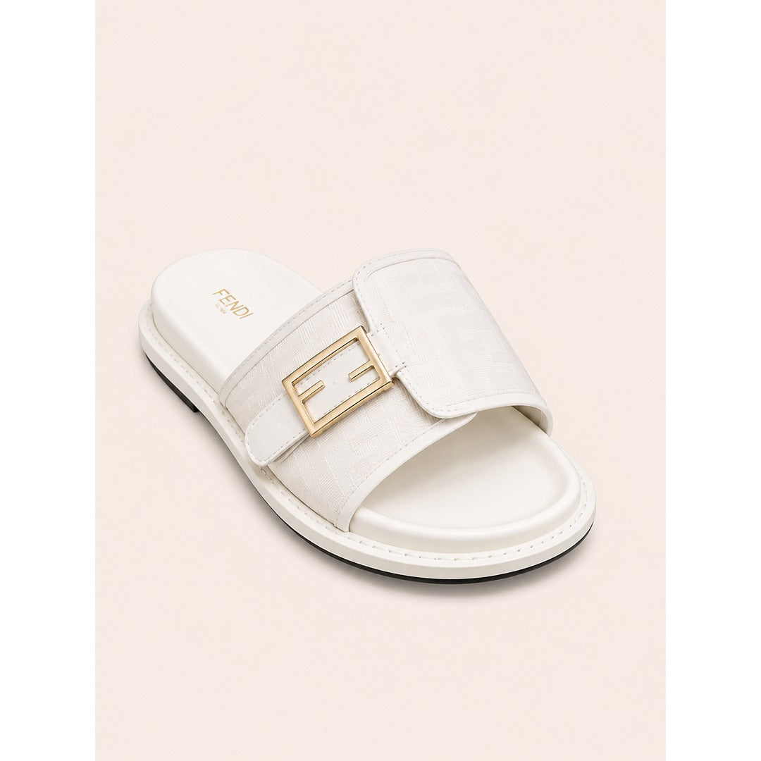 FENDI FEEL WHITE FF BUCKLE EMBOSSED SANDAL