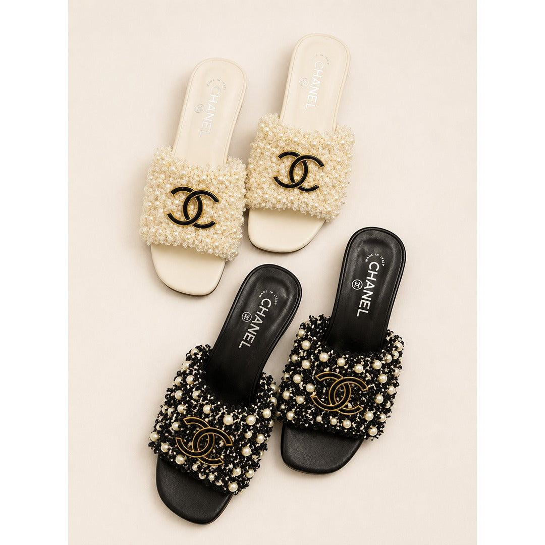 CHANEL PEARL CC EMBELLISHED LOW HEEL MULES