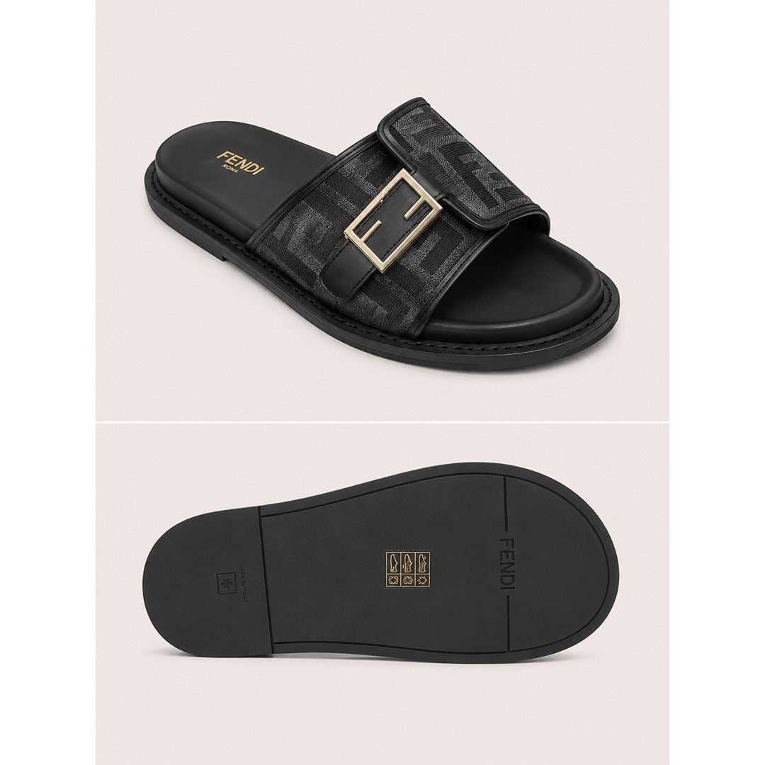 FENDI FEEL GREY BLACK FF BUCKLE EMBOSSED SANDAL