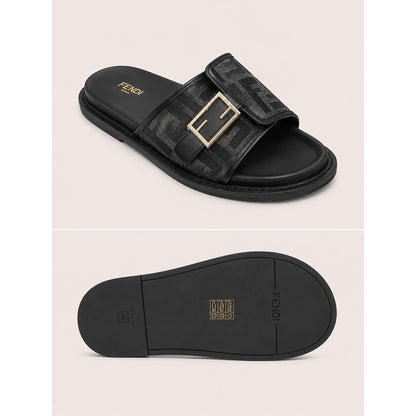 FENDI FEEL GREY BLACK FF BUCKLE EMBOSSED SANDAL