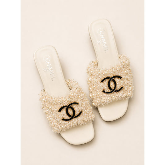 CHANEL PEARL CC EMBELLISHED LOW HEEL MULES