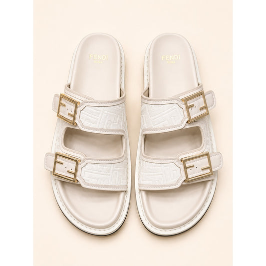 FENDI FEEL CREAM FF BUCKLE EMBOSSED SANDAL