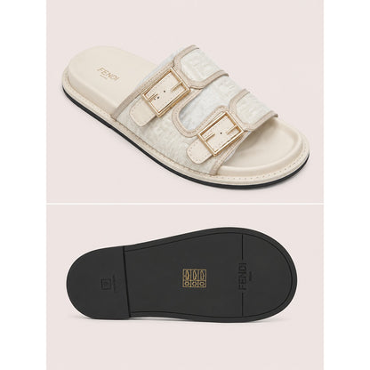 FENDI FEEL CREAM FF BUCKLE EMBOSSED SANDAL