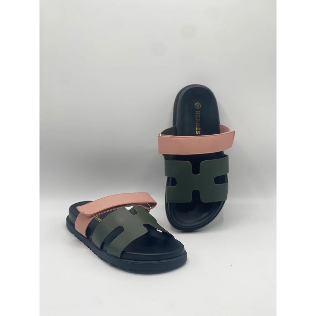 HERMES GREEN PEACH TWO TONE STRAPLESS SANDAL