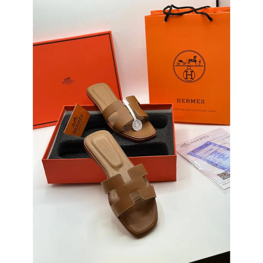 HERMES H CUT OUT ORAN BROWN SLIPPERS