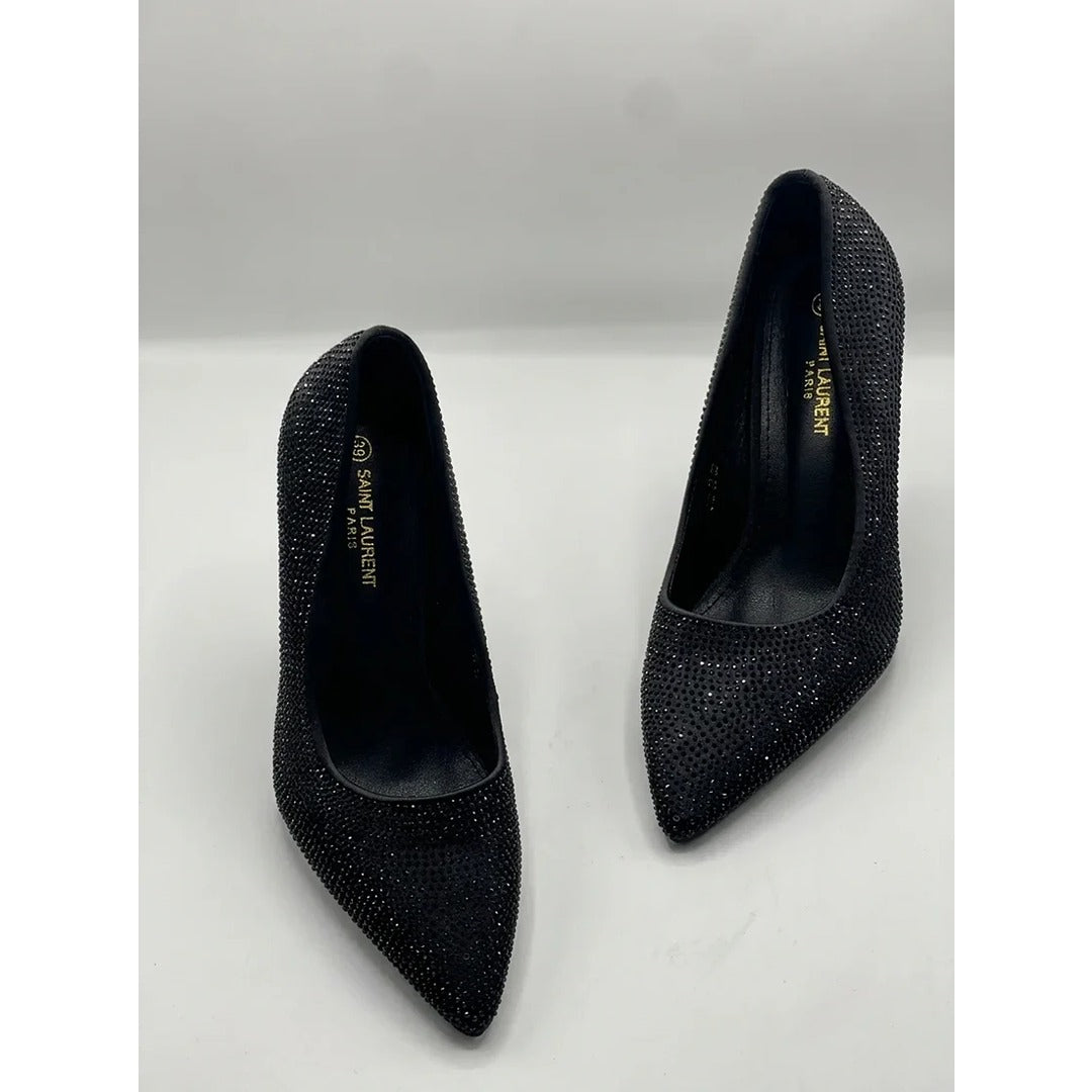 YSL SAINT LAURENT ALL BLACK CRYSTAL HEELS
