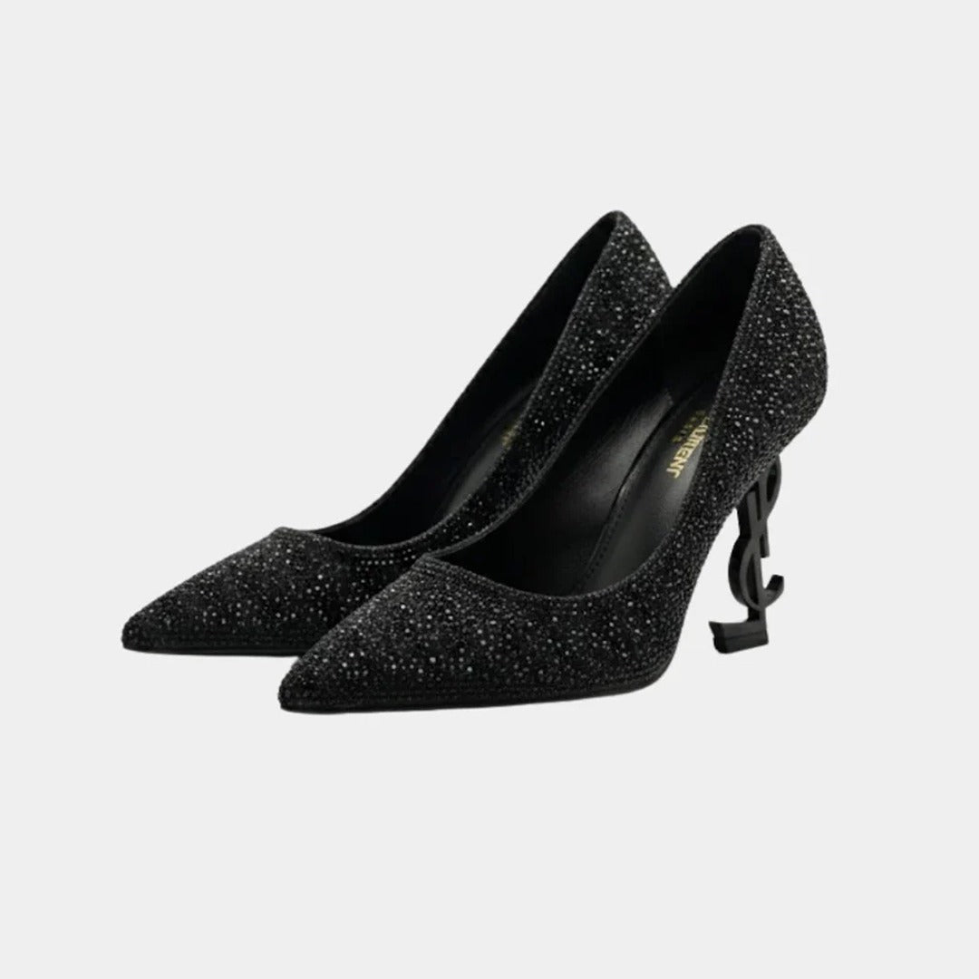 YSL SAINT LAURENT ALL BLACK CRYSTAL HEELS
