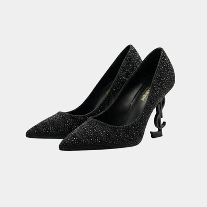 YSL SAINT LAURENT ALL BLACK CRYSTAL HEELS