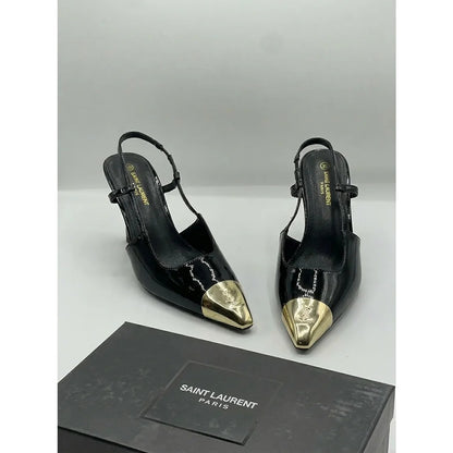 YSL JEANNE SLING BACK BLACK-GOLDEN CAP TOE